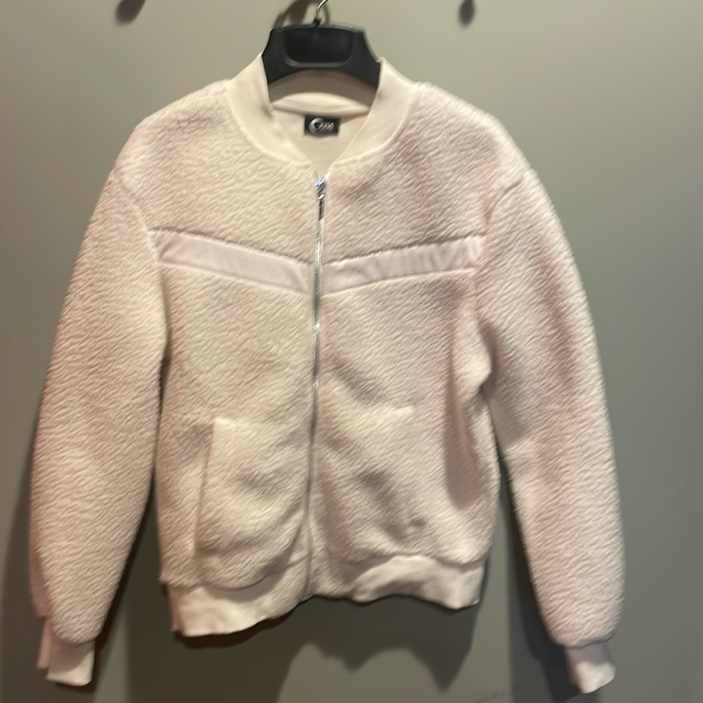 Zyia Active Flying V Off White Sherpa Fleece Zip Up Bomber Jacket; Size S